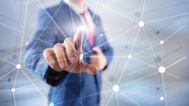 Bulanık gökdelenlerin arkaplanındaki engelleme ağı. Finansal teknoloji ve iletişim konsepti.