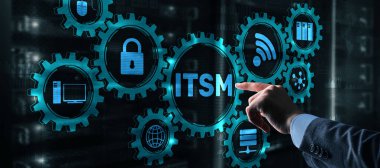 Business Technology internet konsepti. İş adamı dokunmatik ekran arayüzündeki düğmeye basar ve onu servis yönetimi olarak seçer