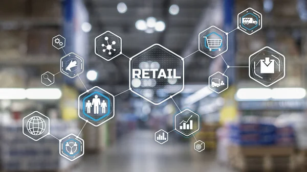 Kiskereskedelmi Marketing Csatornák E-kereskedelem. Vásárlás automatizálás elmosódott szupermarket háttér 2021 — Stock Fotó
