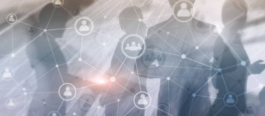 Sosyal medya. İnsan ilişkileri ve organizasyon yapısı. İş ve iletişim teknolojisi kavramı. Siluetli arkaplan