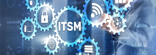ΙΤSM. Επιχειρηματίας πατώντας εικονική οθόνη διαχείρισης υπηρεσιών πληροφορικής. Έννοια για τη διαχείριση υπηρεσιών πληροφορικής — Φωτογραφία Αρχείου