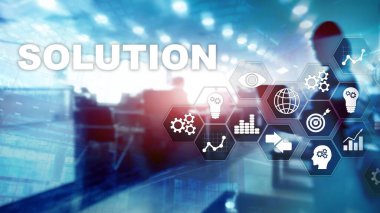 İş çözümleri, başarı ve strateji kavramı. Çözümlerle birlikte iş sürecinin sanal diyagramının yapılandırılması.