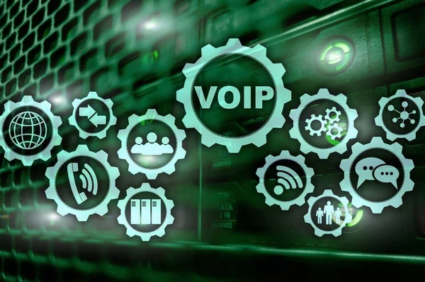 Voip Voice Μέσω Στην Οθόνη Θολό Φόντο Του Δωματίου Διακομιστή — Φωτογραφία Αρχείου