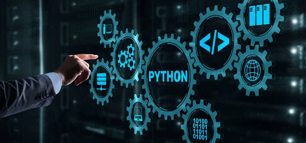 Język programowania Pythona. Programowanie koncepcji abstrakcyjnego algorytmu workflow na wirtualnym ekranie — Zdjęcie stockowe