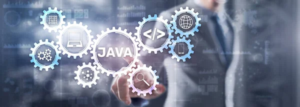 Affärsman skriva virtuell skärm: Java Technology, internet, företag och marknadsföring — Stockfoto