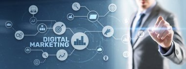 Dijital pazarlama teknolojisi konsepti. Hedef ve etkileşimli pazarlama. Arama Motoru İyimser