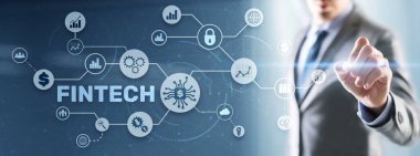 Fintech Yatırım Finans Teknolojisi Konsepti. 3B Sanal Ekran