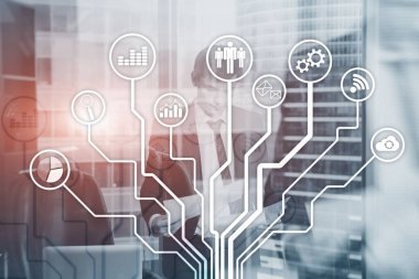 Soyut arka planda iş simgeleri. Finansal internet teknolojisi kavramı