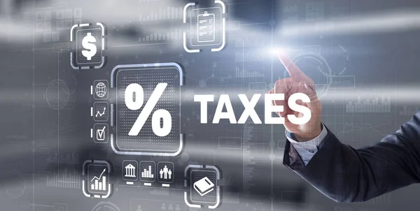 Begreppet skatter som betalas av privatpersoner och företag såsom moms, inkomstskatt och fastighetsskatt. Bakgrund för ditt företag — Stockfoto