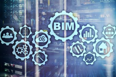 Bina Bilgileri Modelleme. Sanal ekranda sunucu veri merkezi arkaplanlı BIM.