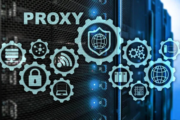 Proxy Szerver Kiberbiztonság Hálózatbiztonság Koncepciója Virtuális Képernyőn Szerver Szoba Háttér — Stock Fotó