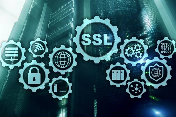 Ssl安全套接字层概念 加密协议提供安全通信 服务器机房背景 — 图库照片