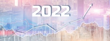Modern şehir arka planında yeni 2022 yılı. Web Sitesi Afişi