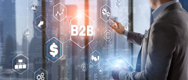 Obchody mezi podniky B2B. Obchodní model na virtuální obrazovce — Stock fotografie