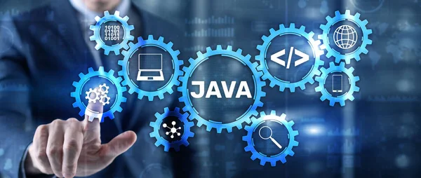 Geschäftsmann schreibt virtuellen Bildschirm: Java-Technologie, Internet, Business und Marketing — Stockfoto