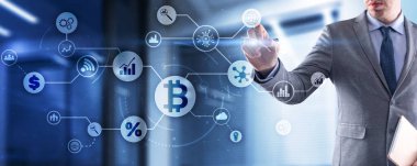 BTC 'de. Dijital para ve teknoloji dünya çapında ağ konsepti. Sanal bitcoin dijital para birimi