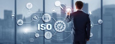 ISO sertifika konsepti standart kalite kontrol. Uluslararası bilgi güvenliği standardı