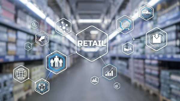 Retail Marketing Channels Commerce Shopping Automation Blurred Supermarket Background 2021 — Stock Photo, Image