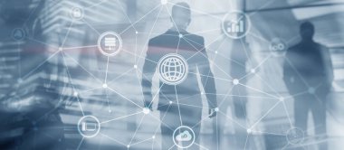 Haberleşme projesi. Ofis çalışanlarının arkaplanlarındaki grafikler