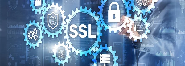 SSL Empresário pressionando a tela virtual conceito Secure Sockets Layer. Protocolos criptográficos fornecem comunicações seguras — Fotografia de Stock