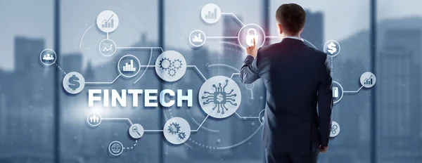 Koncepcja technologii finansowych Fintech Investment. Wirtualny ekran 3D — Zdjęcie stockowe