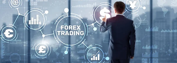 仮想スクリーン上での外国為替取引の説明。株式市場の考え方 — ストック写真