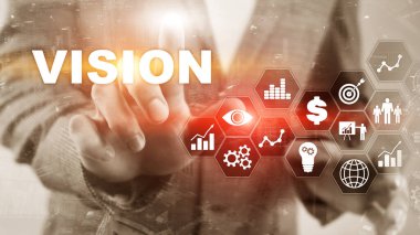 Vizyon kavramı. İş adamları ve arka plan üzerinde modern şehir. Sanal ekran karışık teknik.