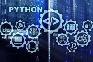 Python programlama dili sunucu Oda arka plan üzerinde. İş akışı soyut algoritma kavramı sanal ekran üzerinde programlama.