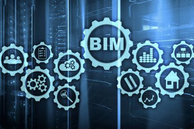 Bina Bilgileri Modelleme. Sanal ekranda sunucu veri merkezi arkaplanlı BIM.
