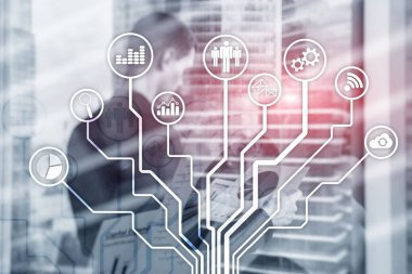 Soyut arka planda iş simgeleri. Finansal internet teknolojisi kavramı