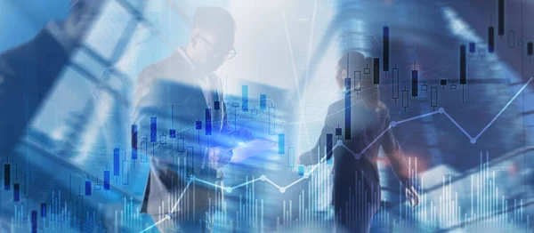 Trading candlestick chart and diagrams on blurred office center background people — Stock Photo, Image