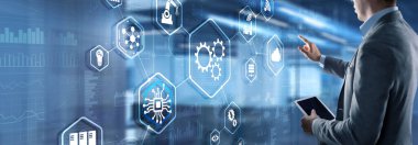 Zamanlama iletişimi simgelerine sahip proje yönetimiyle birlikte 3 boyutlu sanal ekran göstergesi