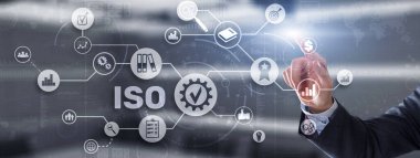 ISO sertifika konsepti standart kalite kontrol. Uluslararası bilgi güvenliği standardı