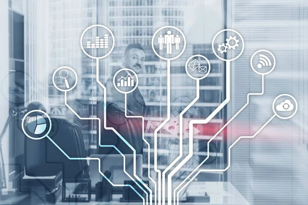 Soyut arka planda iş simgeleri. Finansal internet teknolojisi kavramı
