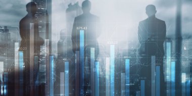 Finansal büyüme grafiği. Şehir arka planında satış artışı, pazarlama stratejisi kavramı.