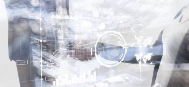 Ticari istihbarat kontrol arayüzü pazarlama finans yönetimi. Arka planda siluetler.