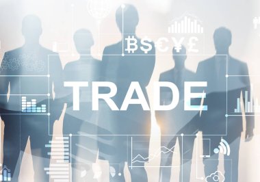 Takas yapalım. Ticaret ve finans konularını grafikler ve grafiklerle tartışan iş adamları. Para birimi simgeleri küresel pazar yatırımını simgeliyor.