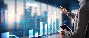 3B grafikler, yukarı ok ve sanal ekranda iş paneli.