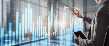 Yüzdelerle yapılan mali sohbet. Sanal ekranda Karışık Ortam Finans kavramı.