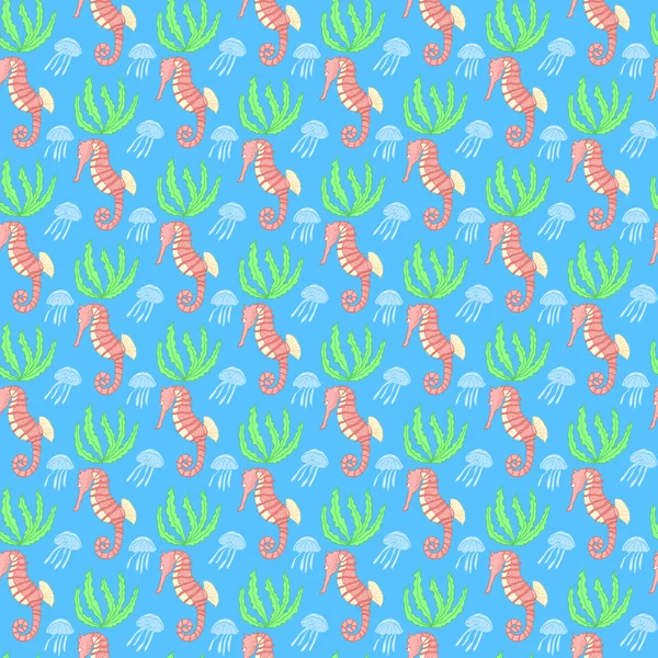 Seamless pattern with underwater animals. Sea life vector pattern. Sea life seamless background. Cartoon underwater pattern. Tropical underwater pattern with seahorse, jellyfish, seaweeds. — Stock Vector