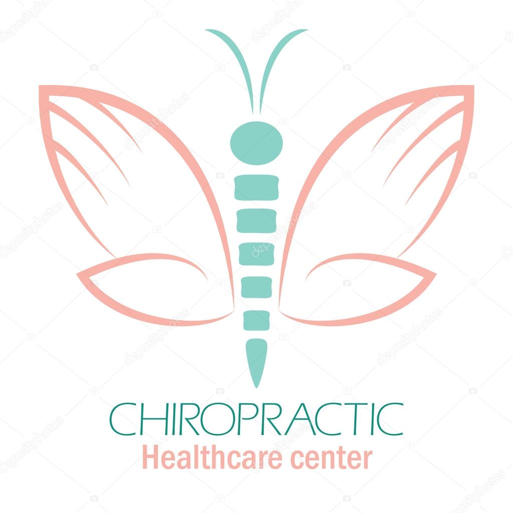 Chiropractic clinic logo with butterfly, symbol of hand and spine.
