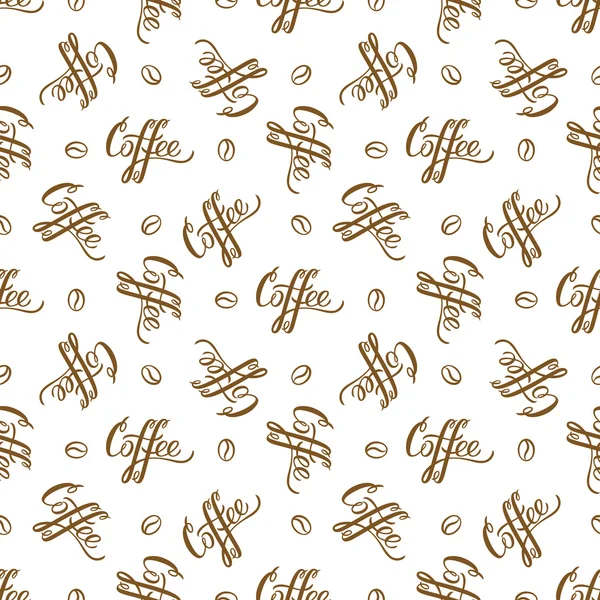 Vector seamless pattern with handrawn lettering "Coffee" and coffee beans. Repeating background for wrapping paper, scrapbooking, textile design. — Stock Vector