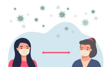 Sosyal uzaklık kavramı. COVID-19 koronavirüsünün yayılmasını önlemek için koruyucu maskeler takan ve toplum içinde mesafeyi koruyan insanlar..
