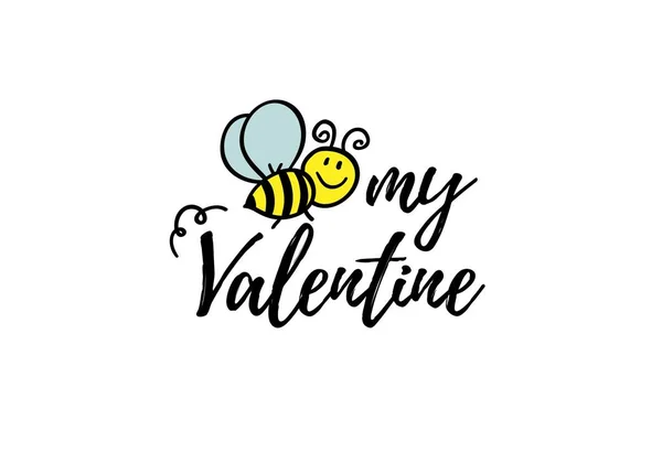 Bee my valentine phrase mit Doodle Biene auf weißem Hintergrund. Beschriftungsplakat, Valentinstag-Karten-Design oder T-Shirt, Textildruck. Inspirierende Romanze Zitat Plakat. — Stockvektor