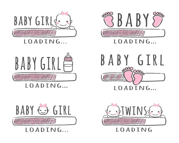 Barra de progresso com inscrição - Baby Girl Loading collection in sketchy style. Ilustração do vetor para o projeto da t-shirt, cartaz, cartão, decoração do chuveiro do bebê. —  Vetores de Stock