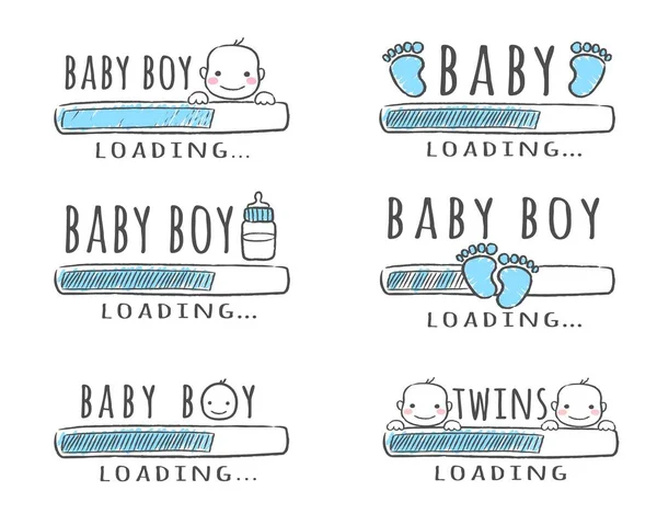 Barra de progresso com inscrição - Baby Boy Loading collection in sketchy style. Ilustração do vetor para o projeto da t-shirt, cartaz, cartão, decoração do chuveiro do bebê. —  Vetores de Stock
