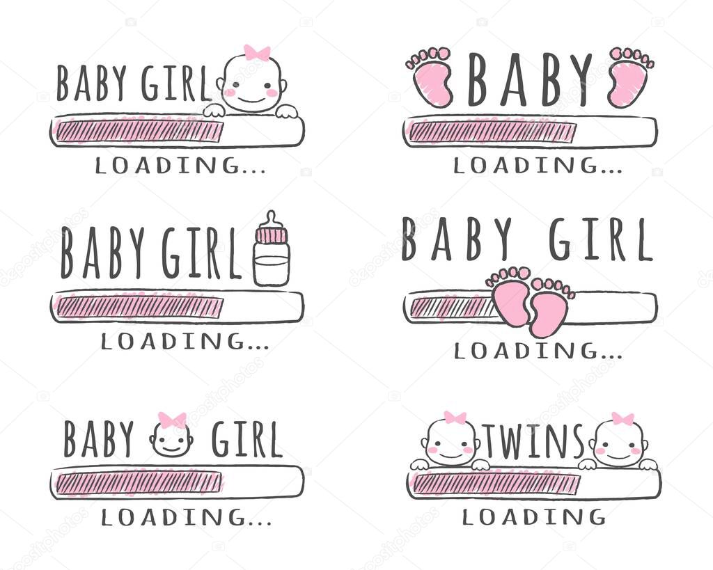 Progress bar with inscription - Baby Girl Loading collection in sketchy style. Set of vector illustration for t-shirt design, poster, card, baby shower decoration.