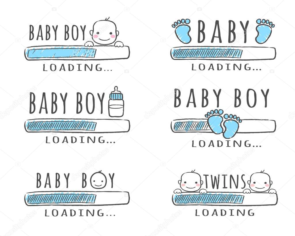 Progress bar with inscription - Baby Boy Loading collection in sketchy style. Set of vector illustration for t-shirt design, poster, card, baby shower decoration.