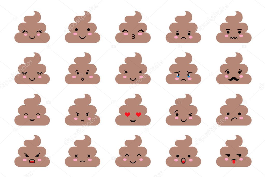 Set of shit shaped emoji with different mood. Kawaii cute poop emoticons and Japanese anime emoji faces expressions. Turd icons.