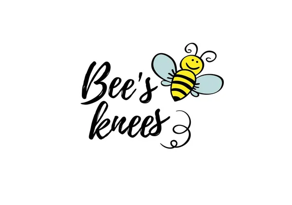 Μέλισσες γόνατα φράση με doodle μέλισσα σε λευκό φόντο. Αφίσα με γράμματα, σχέδιο κάρτας ή t-shirt, σχέδιο υφάσματος. Εμπνευσμένο κίνητρο παραθέτω πλακάτ. — Διανυσματικό Αρχείο